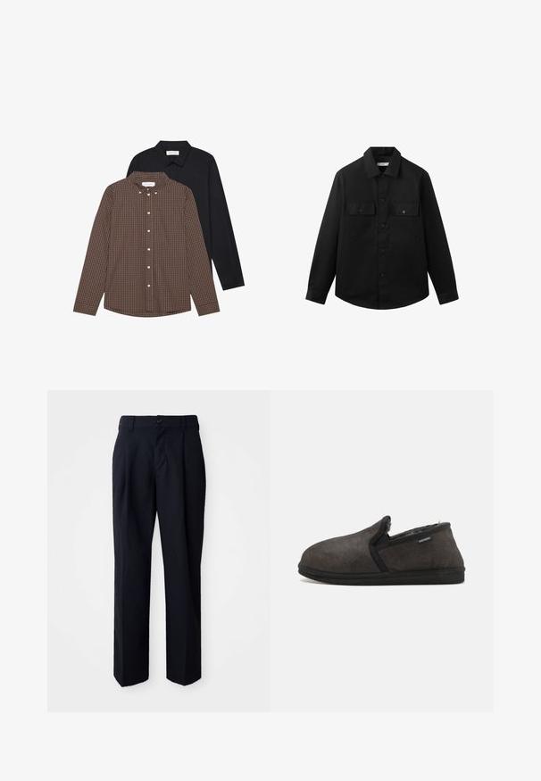 Chemise noire à manches longues avec boutons, deux poches à rabat sur le devant et un col classique, présentée sur un fond blanc uni.; Deux chemises à manches longues : l'une avec un motif à carreaux marron avec des boutons et l'autre de couleur noire unie. Les deux ont des cols et des poignets à boutons.; Pantalons noirs à coupe droite, en tissu lisse. Éléments incluent un bouton à la taille, des passants de ceinture et des plis sur le devant pour plus de structure.; Chausson en cuir suédé gris avec une texture douce, une forme arrondie, une ouverture élastique et une semelle en caoutchouc noir. Agrémenté d'un label de la marque sur le côté.