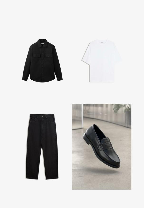 Sort langærmet skjorte med knapper og to forlommer med klap samt en klassisk krave, vist mod en ensfarvet hvid baggrund.; Hvid oversized bomulds t-shirt med rund hals og korte ærmer; glat tekstur, uden synlige mønstre eller accenter.; Sorte denimbukser i bred benlængde. Har fem lommer, metalknaplukning og kontraststing. Glat tekstur, minimalistisk design.; Sort lædersko med glat tekstur, spids tå og en dekorativ rem over vristen. Letvægts sål, minimalistisk design.