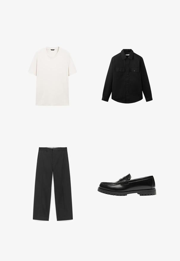 Sort langærmet skjorte med knapper og to forlommer med klap samt en klassisk krave, vist mod en ensfarvet hvid baggrund.; Lys hvid kortærmet t-shirt med rund hals, vist fladt med synlig halslabel mod en hvid baggrund.; Sorte viddebukser lavet af glat stof, med en talje med bæltestropper og sidelommer, i et rent, minimalistisk design.; Sort læderloafer med en kraftig gummisål og klassiske penny-strap detaljer, vist fra ydersiden.