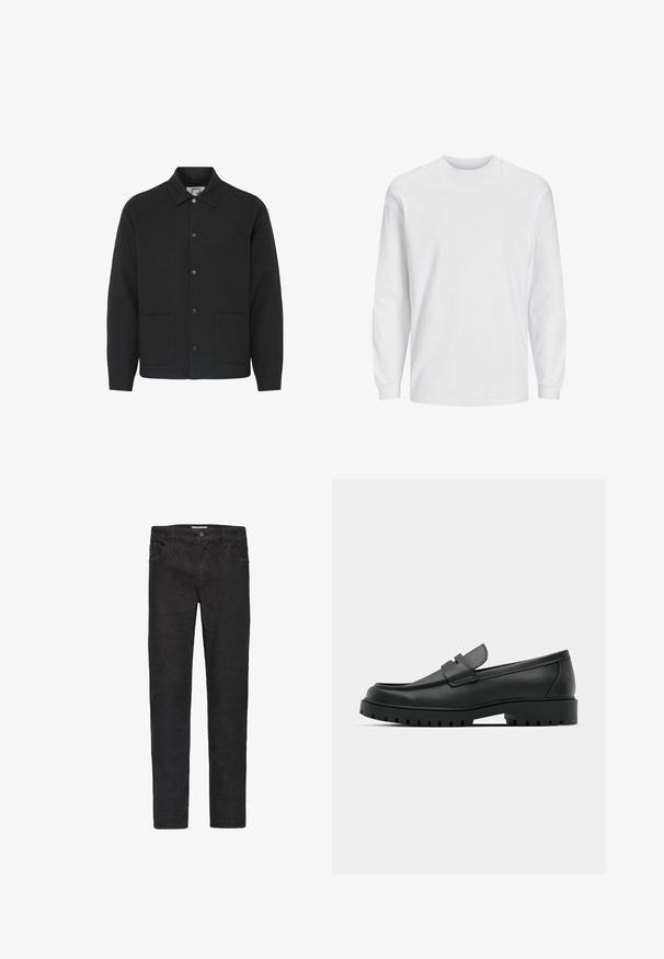 Schwarze Jacke aus glattem Stoff, mit einem Kragen, einer frontalen Knopfleiste und zwei großen seitlichen Taschen.; Weißes Langarm-T-Shirt aus Baumwolle. Verfügt über einen Rundhalsausschnitt und ein schlichtes Design ohne Muster oder Verzierungen. Weiche, glatte Textur.; Schwarze Denim-Jeans mit geradem Schnitt. Zu den Merkmalen gehören fünf Taschen, ein Knopfverschluss und dezente Nähte entlang der Säume.; Schwarze Lederloafer mit runder Zehenform, ausgestattet mit einem gesteppten Design, niedrigem Plattformsohle und einer strukturierten, genoppten Gummisohle.