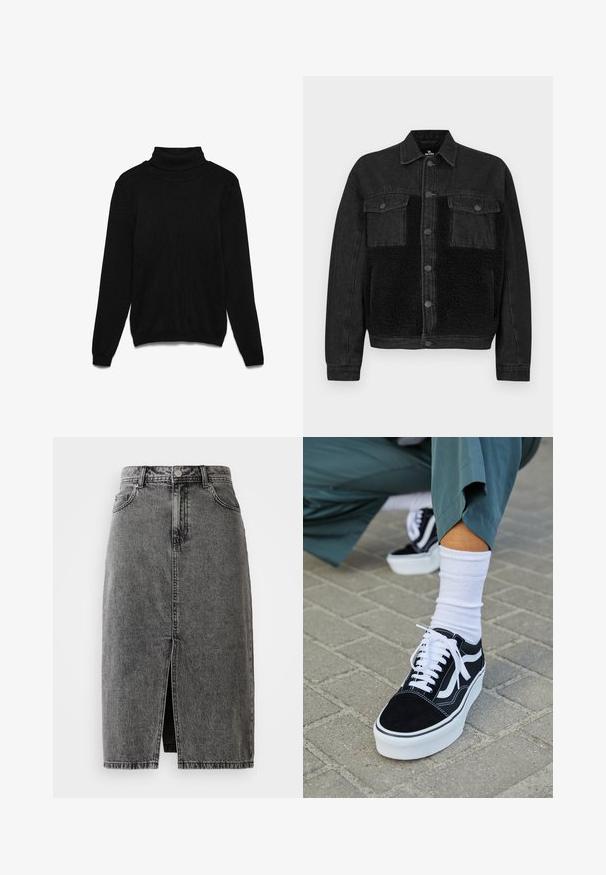 Veste en jean noire avec un panneau avant en fausse fourrure. Dispose de deux poches poitrine, fermeture à boutons et manches longues. Tissu texturé et lignes épurées.; Pull à col roulé noir en tissu tricoté. Comprend des manches longues, un col côtelé et une coupe décontractée. Aucune texture ou accent visible.; Jupe midi en denim noir délavé, taille haute, avec fente frontale, passants de ceinture et design classique à cinq poches.; Baskets en suède noir avec des accents et des lacets blancs, présentant une épaisse semelle blanche et des coutures contrastantes, associées à une chaussette blanche.