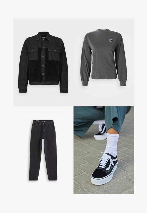 Veste en jean noire avec un panneau avant en fausse fourrure. Dispose de deux poches poitrine, fermeture à boutons et manches longues. Tissu texturé et lignes épurées.; T-shirt à manches longues gris en coton, avec un col rond et des poignets élastiques, arborant un petit logo carré sur la poitrine.; Jean en denim noir avec une coupe droite, comportant cinq poches, une fermeture à bouton à l'avant et des détails brodés le long des coutures.; Baskets en suède noir avec des accents et des lacets blancs, présentant une épaisse semelle blanche et des coutures contrastantes, associées à une chaussette blanche.