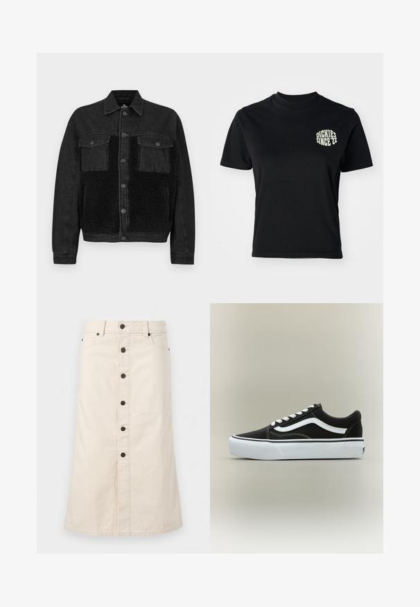 Sort denimjakke med et frontpanel i kunstpels. Har to brystlommer, knaplukning og lange ærmer. Tekstureret stof og rene linjer.; Sort bomulds t-shirt med rund hals og korte ærmer; har et lys grønt grafik "DICKIES SINCE '22" på venstre brystområde.; Beige knælængde denimnederdel med sorte knapper foran, bæltestropper og sidelommer mod en ensfarvet hvid baggrund.; Lavtop sort sneaker med hvid side stribe, hvide snørebånd, hvid gummisål og tekstureret tåhætte på neutral baggrund.