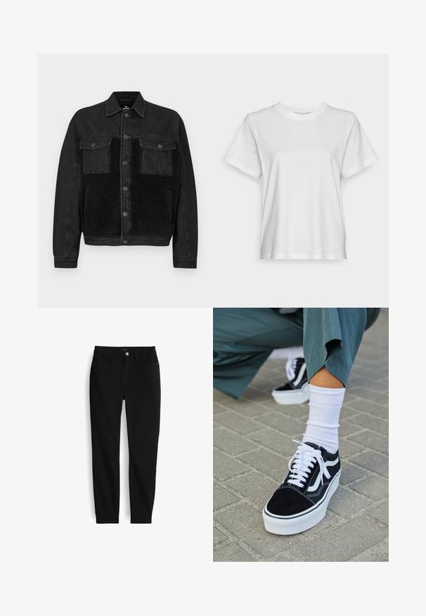 Veste en jean noire avec un panneau avant en fausse fourrure. Dispose de deux poches poitrine, fermeture à boutons et manches longues. Tissu texturé et lignes épurées.; T-shirt en coton blanc à manches courtes, col rond et coupe décontractée. Texture lisse, sans motifs ni graphiques, design basique.; Jean noir ajusté avec fermeture avant à boutons et zip, cinq poches, et passants pour ceinture, présenté à plat sur un fond blanc.; Baskets en suède noir avec des accents et des lacets blancs, présentant une épaisse semelle blanche et des coutures contrastantes, associées à une chaussette blanche.