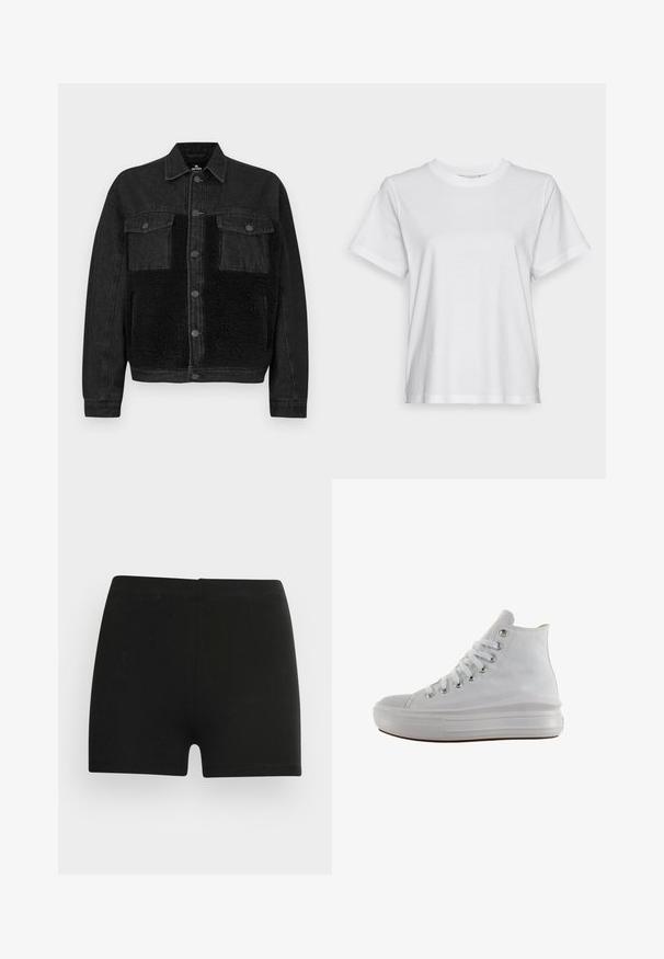 Veste en jean noire avec un panneau avant en fausse fourrure. Dispose de deux poches poitrine, fermeture à boutons et manches longues. Tissu texturé et lignes épurées.; T-shirt en coton blanc à manches courtes, col rond et coupe décontractée. Texture lisse, sans motifs ni graphiques, design basique.; Shorts en coton noir au design ajusté et à taille élastique. Texture lisse, longueur mi-cuisse, sans motifs ni accents visibles.; Baskets montantes en toile blanche avec lacets blancs, œillets métalliques, semelle épaisse en caoutchouc et bout texturé, orientées vers la gauche sur fond blanc.