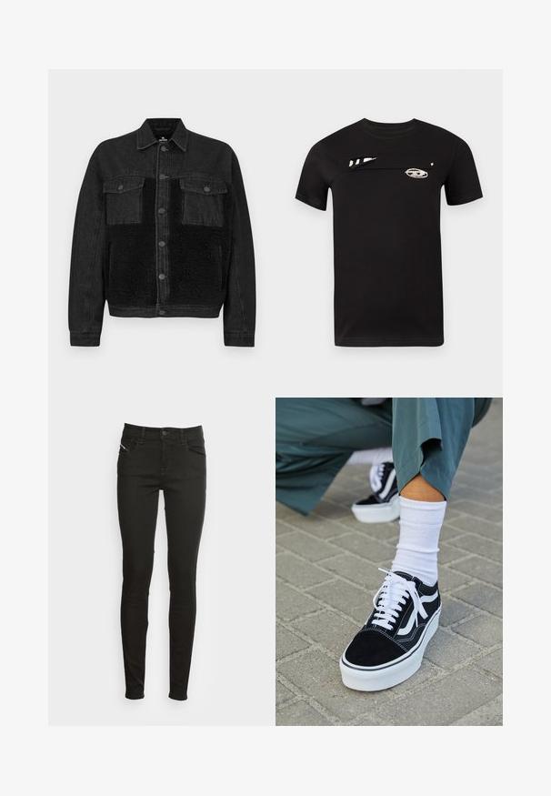 Chaqueta de mezclilla negra con un panel frontal de piel sintética. Cuenta con dos bolsillos en el pecho, cierre de botones y mangas largas. Tela texturizada y líneas limpias.; Camiseta negra de algodón con mangas cortas, con un diseño frontal único y gráficos en blanco. Textura suave y cuello redondo estándar.; Jeans ajustados negros con bolsillos frontales, pasadores para cinturón, cierre de botón y cremallera, mostrados sobre un fondo blanco.; Zapatillas de ante negro con acentos y cordones blancos, que cuentan con una gruesa suela blanca y costuras en contraste, combinadas con un calcetín blanco.