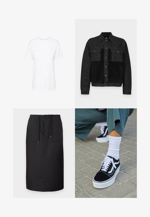 Sort denimjakke med et frontpanel i kunstpels. Har to brystlommer, knaplukning og lange ærmer. Tekstureret stof og rene linjer.; Hvid bomulds t-shirt med korte ærmer, rund hals og en afslappet pasform, med en glat tekstur og uden synlige mønstre.; Sort denimnederdel med en lige silhuet, der har en elastisk talje, snøre og to forlommer for funktionalitet.; Sorte ruskinds sneakers med hvide accenter og snørebånd, der har en tyk hvid sål og kontrasterende syninger, parret med en hvid sok.