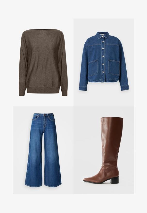 Veste en denim bleu avec fermeture à boutons sur le devant, deux grandes poches plaquées, manches longues et col, posée à plat sur un fond blanc.; Pull en tricot brun avec un large décolleté, des manches longues et des bords côtes au niveau des poignets et de l'ourlet. Texture douce avec un motif minimal.; Jean bleu à jambes larges en denim. Il présente une taille haute, des lignes épurées et des coutures contrastantes. Les jambes s'évasent de manière significative à l'ourlet.; Botte haute en cuir marron jusqu'au genou avec un bout pointu, une texture lisse et un talon carré épais. Design décontracté sans ferrure visible.