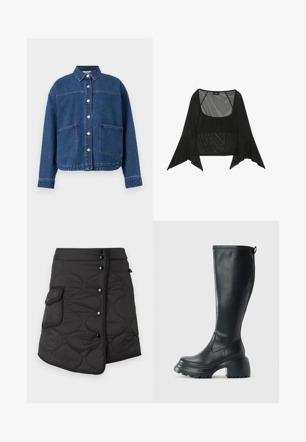 Blå denimjakke med knaplukning foran, to store stiklommer, lange ærmer og krave, lagt fladt på en hvid baggrund.; Sort meshbluse med firkantet udskæring, rynket frontdetalje og brede klokkeærmer. Letvægts og gennemsigtigt materiale hele vejen igennem.; Sort kviltet nederdel med en asymmetrisk kant, der har fem mørke knapper og en sidelomme med rund flapdetalje.; Høj sort læderstøvle med kraftig platformssål og blokhæl, med trækstrop og tekstureret sål.