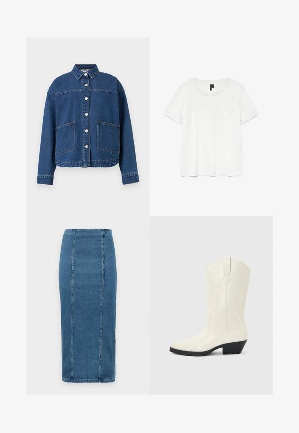 Blå denimjakke med knaplukning foran, to store stiklommer, lange ærmer og krave, lagt fladt på en hvid baggrund.; Hvid kortærmet t-shirt med rund halsudskæring, lavet af letvægtsstof. Enkel design, glat tekstur og lige kant.; Blå denim blyantskørt med lodrette sømme og høj talje, der går til under knæet, vist på en hvid baggrund.; Hvid western-støvle til midt på læggen med spids tå, sort stablet hæl, dekorative sømme og trækflap på skaftet.