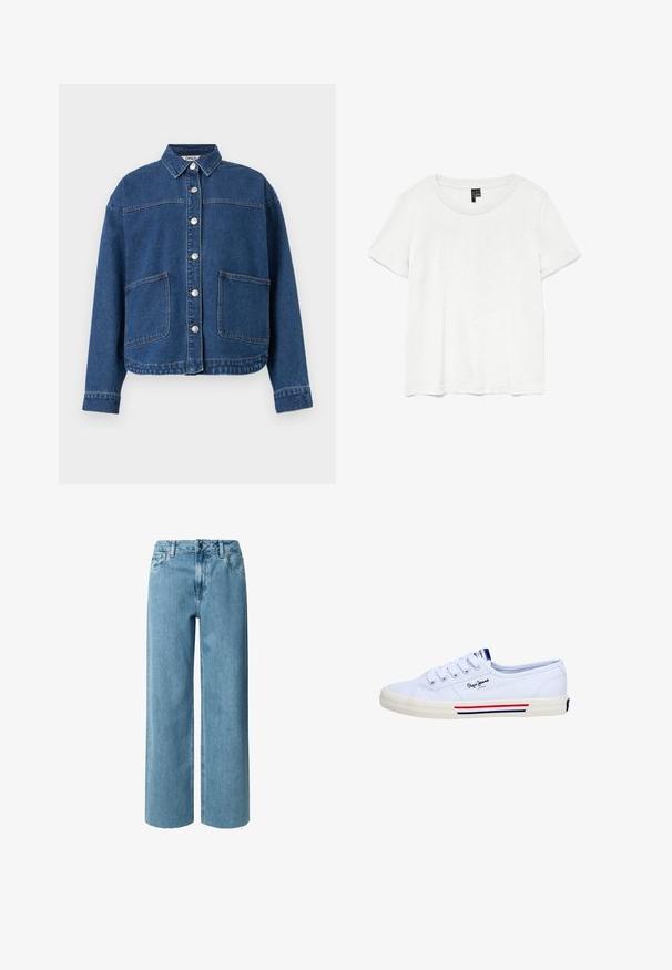 Blaue Jeansjacke mit Knopfleiste vorne, zwei großen aufgesetzten Taschen, langen Ärmeln und einem Kragen, flach auf einem weißen Hintergrund liegend.; Weißes T-Shirt mit kurzen Ärmeln und rundem Ausschnitt, hergestellt aus leichtem Stoff. Schlichtes Design, glatte Textur und gerader Saum.; Blaue Denim-Jeans mit weitem Bein und hoher Taille, ausgestattet mit Gürtelschlaufen, Reißverschluss und ausgefransten Säumen. Der Stoff hat eine weiche, glatte Textur.; Weißer Low-Top Canvas-Sneaker mit weißen Schnürsenkeln, gebrandet mit "Pepe Jeans London" und einer Sohle mit roten und blauen Streifen.