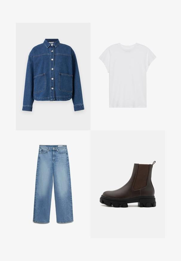 Veste en denim bleu avec fermeture à boutons sur le devant, deux grandes poches plaquées, manches longues et col, posée à plat sur un fond blanc.; T-shirt blanc à manches courtes, col rond, coupe décontractée, en tissu de coton doux. Texture lisse, sans motifs ni logos.; Jean en denim bleu clair à jambes larges avec poches avant, passants pour ceinture, et une fermeture à bouton et zip.; Bottines Chelsea en cuir marron avec des panneaux latéraux élastiques, des accents en tissu texturé, une épaisse semelle en caoutchouc noir et une languette à l'arrière.