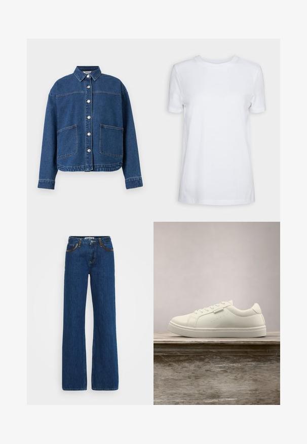 Blaue Jeansjacke mit Knopfleiste vorne, zwei großen aufgesetzten Taschen, langen Ärmeln und einem Kragen, flach auf einem weißen Hintergrund liegend.; Schlichtes weißes T-Shirt mit kurzen Ärmeln und Rundhalsausschnitt, normaler Passform und einem kleinen Innenhalsetikett mit der Aufschrift „SELECTED FEMME.“; Blaue Jeans im Schlagstil aus Denim mit kontrastierenden Nähten, Fünf-Taschen-Design und Reißverschluss. Der Stoff hat eine weiche Textur mit leichten Verblassungen.; Weißer Leder-Sneaker mit Schnürsenkeln schwebt über einer hölzernen Bank, im Hintergrund ist das grüne hohe Gras unscharf zu sehen.