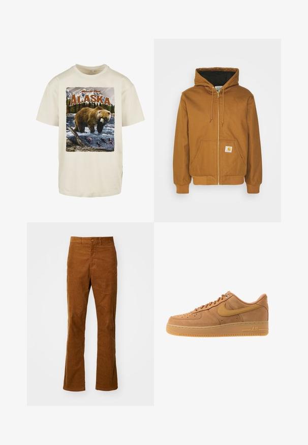 Sudadera con cremallera marrón hecha de algodón, con un forro interior negro, un bolsillo frontal y un parche cuadrado con el logo en el lado izquierdo.; Camiseta de algodón color crema con una impresión gráfica de un oso pardo en el agua, montañas y árboles, con "Alaska" y "La Última Frontera."; Pantalones de pana marrones acampanados con un frente plano, cierre de un solo botón y bolsillos laterales. La textura es estriada, lo que proporciona una sensación suave y duradera.; Nike Sportswear AIR FORCE 1 07 - Zapatillas - flax/wheat/light brown/black/team gold