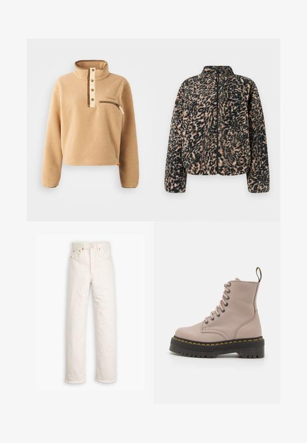 Volcom WYLDING OUT SHERPA - Forro polar - animal print; Pulóver de forro polar beige con un alto cuello, tapeta de medio botón y un bolsillo con cremallera en el pecho izquierdo. Tejido texturizado con acentos marrones.; Jeans de mezclilla blanca con un diseño de pierna recta, estilo de cinco bolsillos y detalles de hardware en color cobre. Acabado sin dobladillo en los tobillos.; Botín de tobillo con cordones en cuero rosa claro, que presenta una suela negra gruesa con un detalle de costura amarilla y una lengüeta en la parte posterior.