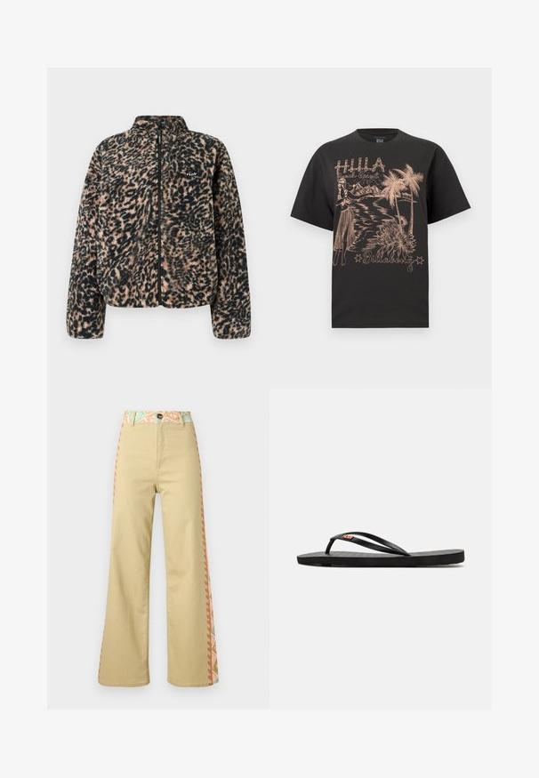Volcom WYLDING OUT SHERPA - Fleecejas - animal print; Zwart T-shirt met een tropisch ontwerp met een hula danseres, palmbomen, bergen en de tekst "Hula Beach Resort" en "Billabong".; Beige wijde broek met hoge taille, knoopsluiting, tailleband met bloemenpatroon en zijstrepen in pastelkleuren.; Zwarte flip-flops met een vlakke zool, voorzien van dunne banden en een gestructureerde voetbed. Kleine logo-accent op de band. Eenvoudig, minimalistisch ontwerp.