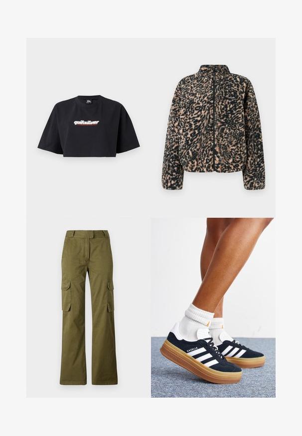 Volcom WYLDING OUT SHERPA - Fleecejas - animal print; Zwarte crop top t-shirt, korte mouwen, gemaakt van katoen. Voorzijde toont het logo "Quiksilver Boarding Company" in wit en rood.; Olijfgroene cargobroek van een katoenmix, met een rechte pijp, twee zijzakken en een knoopsluiting bij de taille.; Ben met witte sokken en zwarte Adidas Gazelle sneakers met witte strepen en dikke bruine zolen op een grijs tapijt.