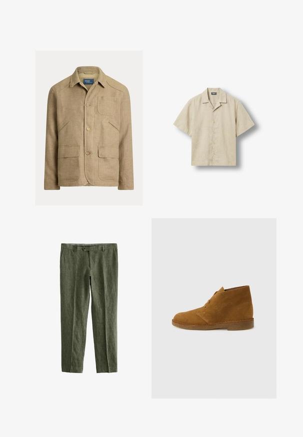Beige hørjakke med krave, tre knapper foran og fire lommer — en brystlomme og tre lavere forlommer.; Beige kortærmet skjorte med knapper, camp-krave, fem knapper foran og mærke inden i kraven.; Next SIGNATURE - REGULAR FIT - Bukser - olive green; Brun ruskinds ørkenstøvle, ankelhøj, med to snørehuller og crepesål på ensartet lysegrå baggrund.