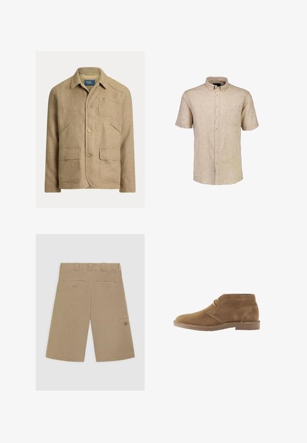 Beige Leinenjacke mit Kragen, drei vorderen Knöpfen und vier Taschen – eine Brusttasche und drei untere vordere Taschen.; Beige Leinenhemd mit kurzen Ärmeln, Button-Down-Kragen, Brusttasche und fünf passenden Knöpfen, aus einem strukturierten, atmungsaktiven Stoff.; Helle braune Shorts mit flachem Bund, zwei Gesäßtaschen und einer Seitentasche. Aus glattem Baumwollstoff gefertigt.; Brauner Wildleder knöchelhoher Freizeitschuh mit zwei Ösen für Schnürsenkel und genähter Sohle vor weißem Hintergrund, Seitenansicht.