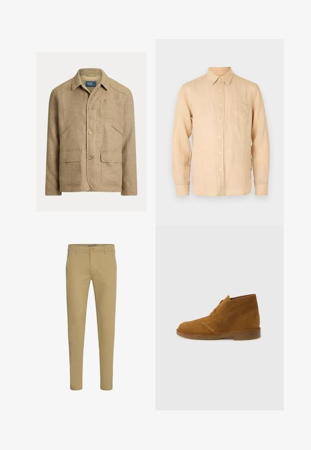 Beige linnen jas met kraag, drie knopen aan de voorkant en vier zakken — één borstzak en drie lagere voorzakken.; Beige linnen overhemd met lange mouwen, een button-down kraag, een borstzak en een gladde, licht getextureerde stof. Klassieke pasvorm en eenvoudig ontwerp.; Beige slim-fit chinos met knoop- en ritssluiting, schuine voorzakken en riemlussen, afgebeeld op een witte achtergrond.; Bruine suède enkellaars met twee oogjes en een crepézool op een effen lichtgrijze achtergrond.