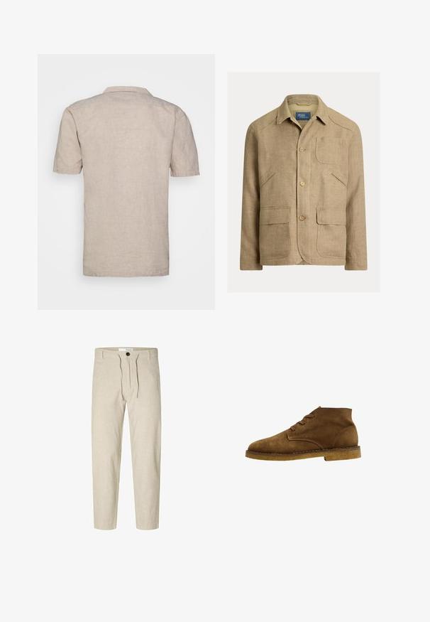 Veste en lin beige avec col, trois boutons sur le devant et quatre poches — une poitrine et trois poches avant inférieures.; Chemise en lin beige à manches courtes avec un col, dotée d'un tissu texturé et d'un ourlet droit, sans motifs visibles ni accents.; Selected Slim Tapered Linen Blend - Pantalon classique - vetiver; Selected Chukka Suede - Bottines à lacets - tobacco brown