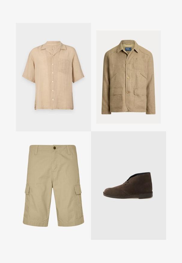 Beige hørjakke med krave, tre knapper foran og fire lommer — en brystlomme og tre lavere forlommer.; Kortærmet beige linnedskjorte med en notch-krave, forlommer og hvide knapper. Struktureret stof, afslappet pasform og lige kant.; Beige cargo shorts lavet af letvægtsstof, med flad front, sidelommer og tekstureret mønster, designet til afslappet brug.; Brun ruskindsankelstøvle med to huller, lav hæl og syet sål på en ensartet lysegrå baggrund.