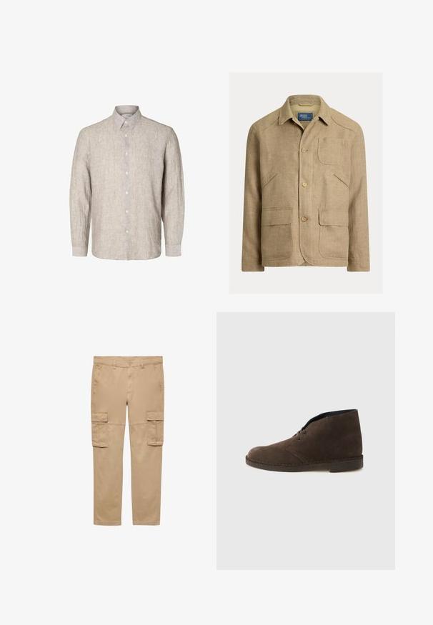 Beige Leinenjacke mit Kragen, drei vorderen Knöpfen und vier Taschen – eine Brusttasche und drei untere vordere Taschen.; Helles graues Leinenhemd mit langen Ärmeln, geknöpftem Kragen und vorderer Knopfleiste. Textil mit einer dezenten Struktur.; Beige Cargo-Hosen für Herren mit Gürtelschlaufen, vorderem Knopf- und Reißverschluss, seitlichen Taschen und Klapptaschen an beiden Oberschenkeln.; Brauner Ankle-Boot aus Wildleder mit zwei Ösen, niedrigem Absatz und genähter Sohle vor einfachem hellgrauem Hintergrund.
