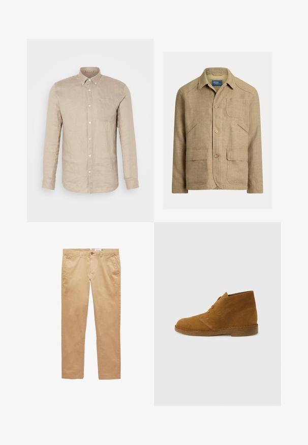 Beige Leinenjacke mit Kragen, drei vorderen Knöpfen und vier Taschen – eine Brusttasche und drei untere vordere Taschen.; Beige Leinen-Hemd mit langen Ärmeln, einer Brusttasche und weißen Knöpfen. Glatte Textur, lockere Passform und spitzer Kragen.; Beige gerade geschnittene Baumwollhose mit Gürtelschlaufen, vorderen Taschen und Knopfverschluss.; Brauner Wildleder-Wüstenstiefel, knöchelhoch, mit zwei Ösen und Krepsohle auf schlichtem hellgrauem Hintergrund.