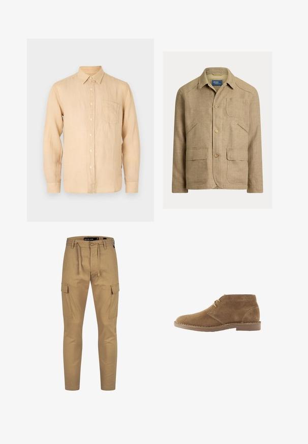 Beige Leinenjacke mit Kragen, drei vorderen Knöpfen und vier Taschen – eine Brusttasche und drei untere vordere Taschen.; Beige Leinenhemd mit langen Ärmeln, Button-Down-Kragen, Fronttasche und einer glatten, leicht strukturierten Oberfläche. Klassische Passform und schlichtes Design.; Khakifarbene Cargo-Hosen mit Kordelzugbund, schmaler Passform und seitlichen aufgesetzten Taschen; aus einem leichten, strukturierten Stoff gefertigt.; Brauner Wildleder knöchelhoher Freizeitschuh mit zwei Ösen für Schnürsenkel und genähter Sohle vor weißem Hintergrund, Seitenansicht.