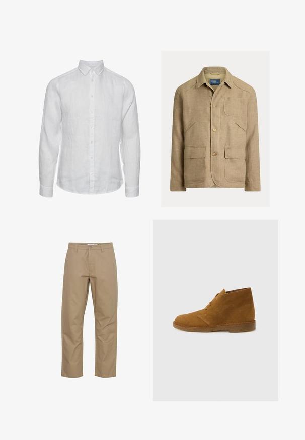 Beige hørjakke med krave, tre knapper foran og fire lommer — en brystlomme og tre lavere forlommer.; Hvid linned skjorte med lange ærmer og knap-ned krave, frontknaplukning og en subtil tekstureret finish. Ingen synlige mønstre eller accenter.; Beige bomuldsbukser med lige ben-design, der har en frontknap og lynlås lukning, sidelommer og et rent finish.; Brun ruskinds ørkenstøvle, ankelhøj, med to snørehuller og crepesål på ensartet lysegrå baggrund.