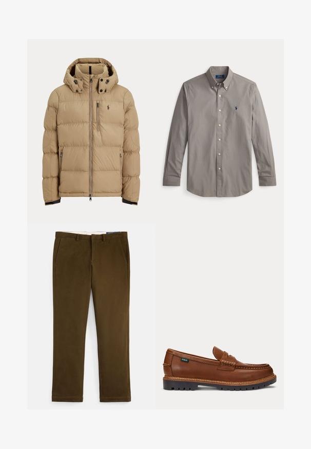 Beige gesteppte Winterjacke mit Kapuze, durchgehendem Frontreißverschluss, zwei seitlichen Reißverschlusstaschen und Logo auf der linken Brust.; Graues Langarm-Hemd mit Knöpfen aus Baumwolle. Es verfügt über einen spitzen Kragen, einen klassischen Schnitt und ein kleines blaues Logo auf der linken Brust.; Braune Baumwoll-Chinos mit glattem Finish, flacher Vorderseite, Seitentaschen und geraden Beinen. Mit einem dezenten Stichausführungsdetail entlang der Säume.; Brauner Lederloafer mit aufgenähten Details, robuster schwarzer Sohle und kleinem "Polo"-Etikett an der Seite.