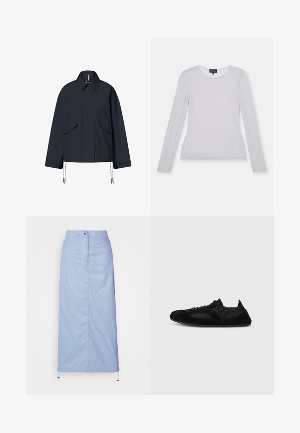 Ecoalf MAJOR - Overgangsjakke - dark navy; Langærmet, lysegrå bluse i et blødt stof med rund halsudskæring og tætsiddende design. Glat tekstur, ingen synlige mønstre eller accenter.; Lyseblå, mellemlang nederdel lavet af glat, let materiale med lige snit, har en frontknaplukning og en justerbar kant.; Sort letvægts-sneaker med ruskindsdetaljer, elastisk ankel og tynd sål, vist i profil på en ensfarvet baggrund.