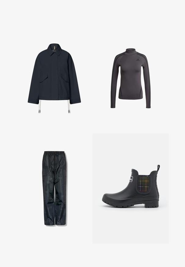 Ecoalf MAJOR - Jas - dark navy; Grijs topje met lange mouwen en een hoge kraag, gemaakt van gestructureerde stof en voorzien van zwarte accenten op de schouders, met een Adidas-logo op de borst.; Zwarte loszittende broek met elastische tailleband en zwart-witte trekkoord, met subtiele geometrische patronen op de stof.; Barbour KINGHAM - Regenlaarzen - black