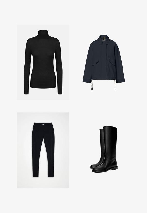 Ecoalf MAJOR - Jas - dark navy; Zwarte coltrui met lange mouwen, geribbelde textuur, slim fit ontwerp en hoge kraag. Gemaakt van een zachte, rekbare stof.; Zwarte leggings met hoge taille, zijzak, platte naden en gladde stof, plat neergelegd op een witte achtergrond.; Zwarte leren kniehoge laarzen met een gladde textuur, ronde neus, platte zool en minimalistisch ontwerp, met gestikte naden en zonder zichtbare hardware.