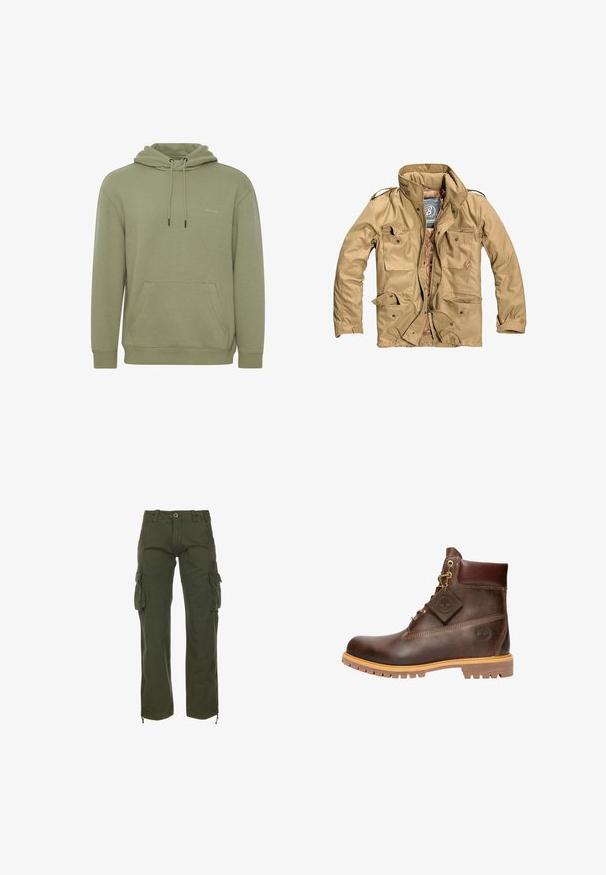 Tan buitenjack met een hoge kraag, meerdere voorke pockets en een ritssluiting. Stof lijkt duurzaam met een gladde textuur.; Olijfgroene hoodie gemaakt van zachte stof. Beschikt over een voorvak, verstelbare koorden en een subtiel logo op de borst.; Groene cargobroek van katoen. Beschikt over meerdere zijzakken, een knoopsluiting en verstelbare enkelbanden. Casual, losse pasvorm.; Bruine leren enkelboot met een ronde neus, stevige zool, hardware in goudkleur en een gestructureerde bovenkant. Inclusief een merklabel dat is bevestigd.