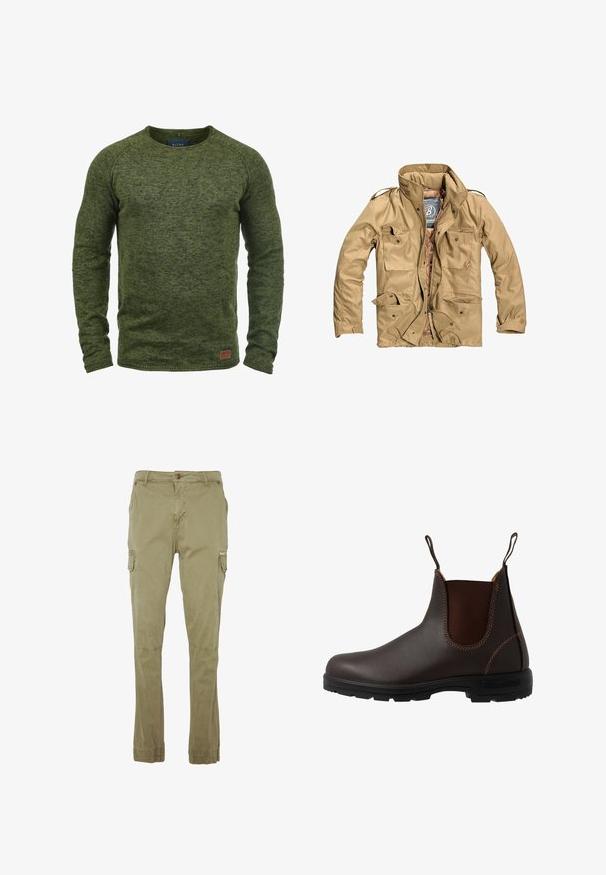 Chaqueta exterior color marrón claro con un alto cuello, múltiples bolsillos frontales y un cierre con cremallera. La tela parece duradera con una textura suave.; Suéter verde hecho de tejido de punto texturizado, con cuello redondo, mangas largas y un pequeño parche de logo marrón en la parte inferior delantera.; Pantalones cargo en color caqui, confeccionados con una mezcla de algodón. Presentan múltiples bolsillos laterales, un cierre de botón y puños elásticos en los tobillos.; Bota Chelsea de cuero marrón con panel elástico lateral, costuras marrones, tiradores y suela de goma resistente con un patrón texturizado.