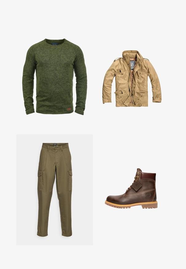 Chaqueta exterior color marrón claro con un alto cuello, múltiples bolsillos frontales y un cierre con cremallera. La tela parece duradera con una textura suave.; Suéter verde hecho de tejido de punto texturizado, con cuello redondo, mangas largas y un pequeño parche de logo marrón en la parte inferior delantera.; Pantalones cargo en verde oliva con corte recto, bolsillos frontales y bolsillos laterales. Fabricados con una tela duradera de textura suave.; Botín de cuero marrón hasta el tobillo con punta redonda, suela resistente, herrajes en tono dorado y parte superior texturizada. Incluye una etiqueta con el logo adjunta.