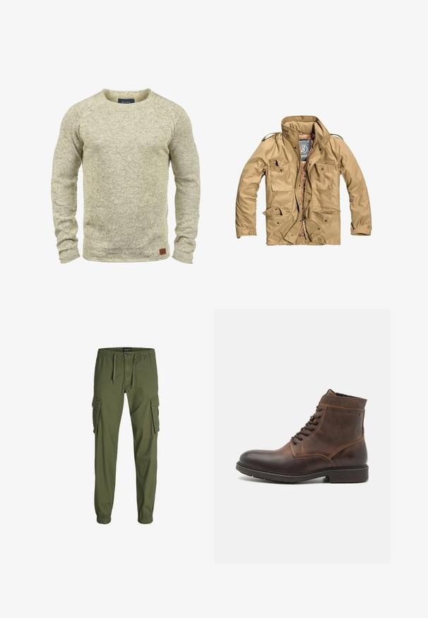Veste extérieure beige avec un col haut, plusieurs poches à l'avant et une fermeture éclair. Le tissu semble durable avec une texture lisse.; Pull en tricot beige clair avec des manches longues, un col rond et une finition texturée. Il présente une petite étiquette en cuir marron sur l'ourlet.; Pantalons cargo vert olive avec taille élastique, cordon de serrage, deux grandes poches latérales et bas fuselés. Fabriqués en tissu durable.; Jack & Jones JFWDELANEY BOOT - Bottines à lacets - cognac