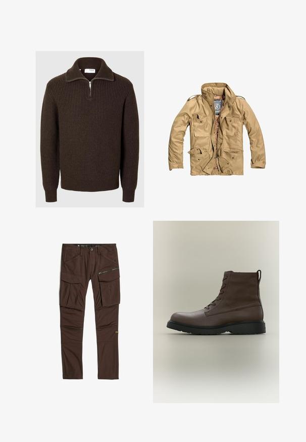 Chaqueta exterior color marrón claro con un alto cuello, múltiples bolsillos frontales y un cierre con cremallera. La tela parece duradera con una textura suave.; Selected Half-zip Knitted Wool Blend - Jersey de punto - chocolate torte; Pantalones cargo marrones con múltiples bolsillos, incluido un bolsillo con cremallera en el muslo derecho y costuras reforzadas en las rodillas y las costuras.; Bota marrón de piel con cordones hasta el tobillo, suela de caucho negra, punta redonda y tira para tirar en la parte trasera, mostrada de perfil sobre fondo neutro.