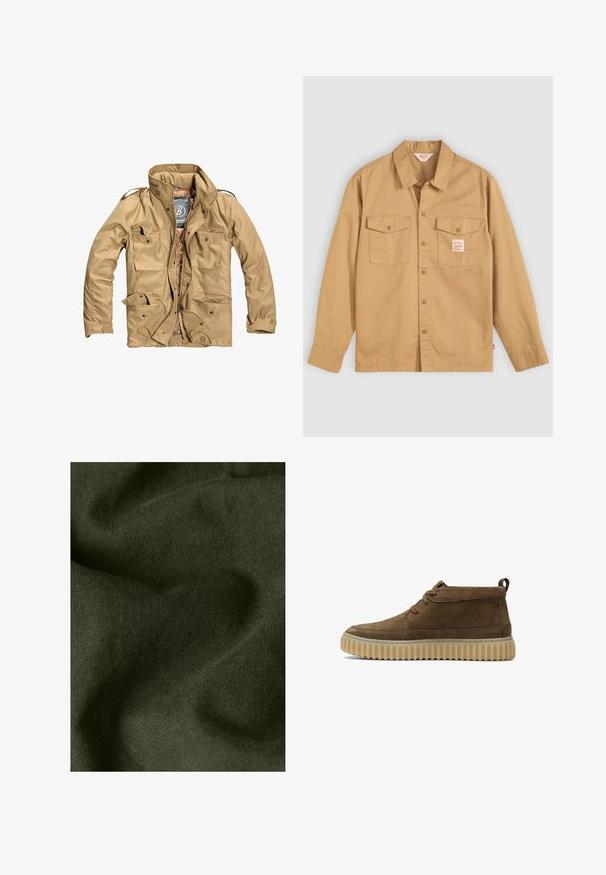 Beigefarbene Außenjacke mit hohem Kragen, mehreren vorderen Taschen und einem Reißverschluss. Der Stoff wirkt strapazierfähig und hat eine glatte Textur.; Beige Hemd mit langen Ärmeln, zwei Brusttaschen und einem kleinen Etikett. Hergestellt aus Baumwolle mit einer glatten Textur und klassischem Kragen-Design.; Nahaufnahme eines dunkelgrünen Stoffes mit sichtbarer Webstruktur und weichen Falten, die Schatten und Lichtakzente erzeugen.; Braune Wildleder-Stiefeletten mit runder Zehenform, minimalen Nähten und einer strukturierten, klobigen Gummisohle. Mit Schnürdesign und Fersenlasche.