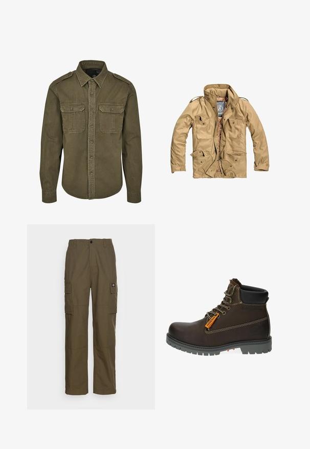 Beigefarbene Außenjacke mit hohem Kragen, mehreren vorderen Taschen und einem Reißverschluss. Der Stoff wirkt strapazierfähig und hat eine glatte Textur.; Olivgrünes Button-Down-Shirt aus Baumwolle. Verfügt über einen Kragen, zwei Brusttaschen mit Klappen und strukturierte Schultern mit sichtbaren Nähten.; Cargo-Hosen in olivgrün, aus strapazierfähigem Stoff. Verfügt über zwei Seitentaschen, eine normale Taille und ein gerades Bein.; Braune Leder-Stiefelette mit grauem Gummisohle, orangefarbenem Akzent-Label und metallischen Ösen. Verfügt über Kontrastnähte und gepolsterte Schuhkragen.