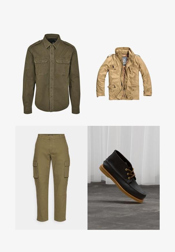 Tan buitenjack met een hoge kraag, meerdere voorke pockets en een ritssluiting. Stof lijkt duurzaam met een gladde textuur.; Olijf groene button-up shirt van katoen. Heeft een kraag, twee borstzakken met kleppen en gestructureerde schouders met zichtbare stiksels.; Olijfgroene cargobroek met een rechte pijpdesign, voorzien van zijzakken, een knoopsluiting en zichtbare stikseldetails. Gemaakt van duurzaam materiaal.; Zwarte leren schoenen met een gladde afwerking, ronde neus, bruine veters en lichtbruine rubberen zolen. Logo gegraveerd aan de zijkant.