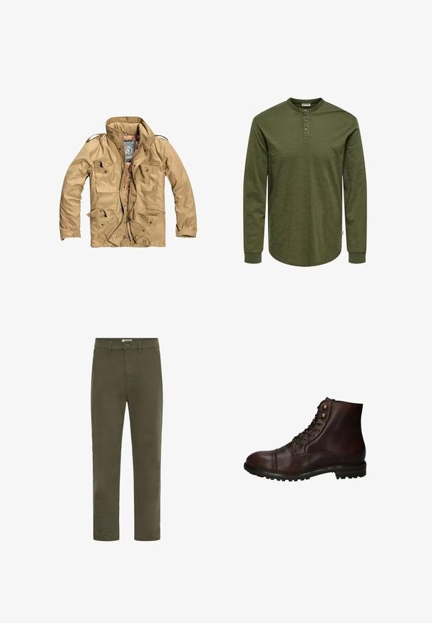 Chaqueta exterior color marrón claro con un alto cuello, múltiples bolsillos frontales y un cierre con cremallera. La tela parece duradera con una textura suave.; Camiseta de manga larga color verde oliva con cuello henley, tres botones y dobladillo curvo. Hecha de tela suave y texturizada con puños ajustados.; Pantalones informales rectos de color verde oliva para hombre, con cierre de botón y trabillas para cinturón, diseñados para el uso diario.; Bota de tobillo de cuero marrón oscuro con cordones, suela de goma resistente y ojales de metal, vista desde el lado exterior.