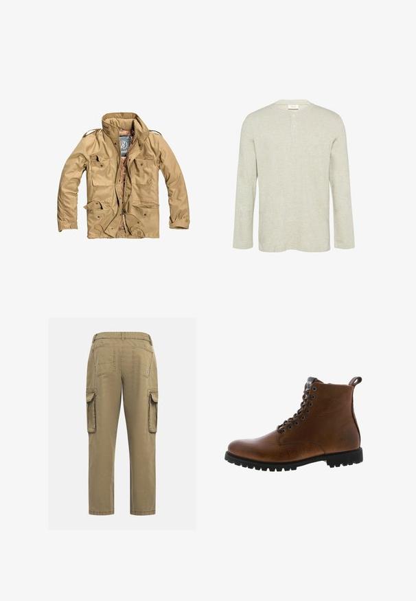 Veste extérieure beige avec un col haut, plusieurs poches à l'avant et une fermeture éclair. Le tissu semble durable avec une texture lisse.; Chemise à manches longues en tissu gris clair ; style henley avec trois boutons au col ; texture douce et détail de logo subtil sur la poitrine.; Pantalons cargo en coton kaki avec une coupe droite. Comprend deux poches latérales, deux poches arrière et une taille cousue. Texture lisse.; Bottines en cuir marron avec une finition texturée, œillets en métal et semelle en caoutchouc noir à crampons. Comprend une languette à l'arrière pour un enfilage facile.
