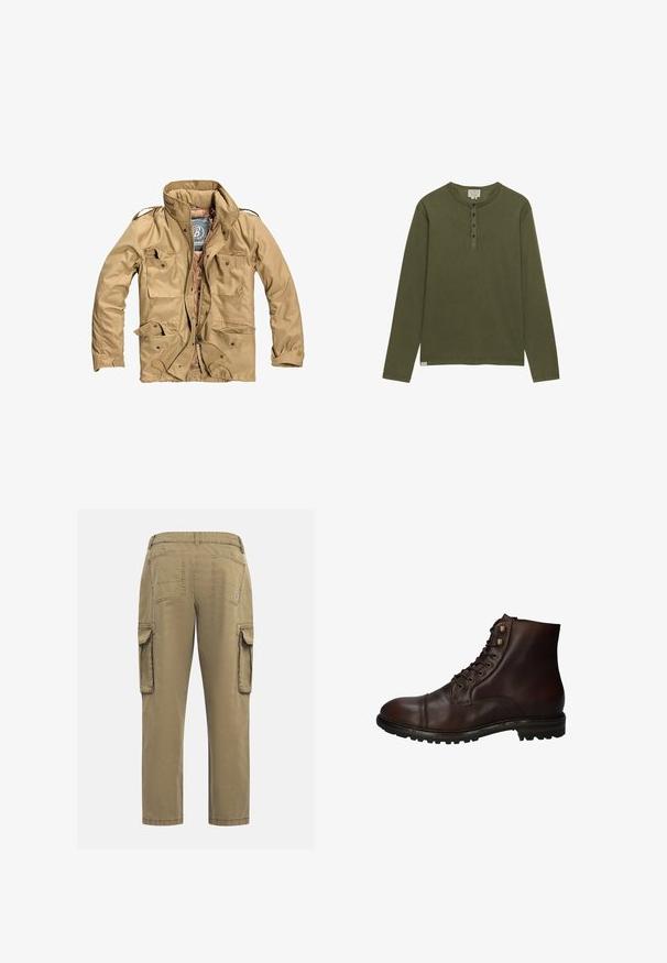 Veste extérieure beige avec un col haut, plusieurs poches à l'avant et une fermeture éclair. Le tissu semble durable avec une texture lisse.; Chemise henley à manches longues vert olive avec quatre boutons noirs et un col rond, présentée sur un fond blanc.; Pantalons cargo en coton kaki avec une coupe droite. Comprend deux poches latérales, deux poches arrière et une taille cousue. Texture lisse.; Bottines montantes en cuir brun foncé à lacets, avec une semelle en caoutchouc robuste et des œillets en métal, vues du côté extérieur.