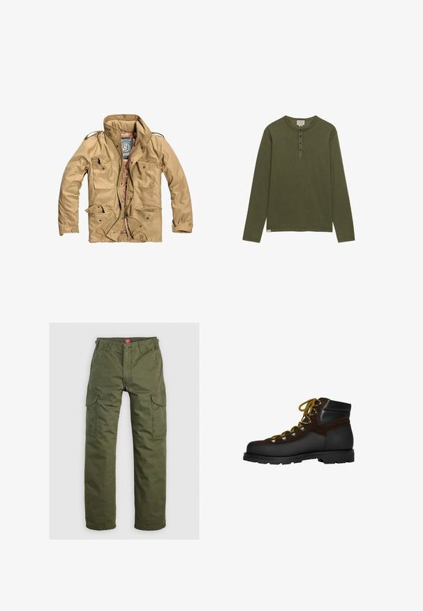 Veste extérieure beige avec un col haut, plusieurs poches à l'avant et une fermeture éclair. Le tissu semble durable avec une texture lisse.; Chemise henley à manches longues vert olive avec quatre boutons noirs et un col rond, présentée sur un fond blanc.; Pantalons cargo vert olive en tissu durable, dotés de poches latérales, d'une fermeture à bouton et d'une coupe droite.; Botte de randonnée en daim marron et cuir noir avec lacets jaunes, œillets métalliques et semelle noire robuste. Conception mi-haute pour un maintien optimal.