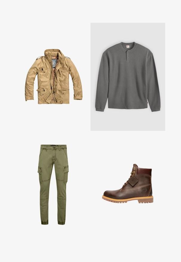 Veste extérieure beige avec un col haut, plusieurs poches à l'avant et une fermeture éclair. Le tissu semble durable avec une texture lisse.; T-shirt henley gris à manches longues en maille gaufrée, avec deux boutons et poignets côtelés, posé à plat sur un fond clair.; Pantalons cargo vert olive en mélange de coton, dotés de plusieurs poches, de jambes fuselées et de poignets élastiques pour un look ajusté.; Bottine en cuir marron avec un bout rond, une semelle robuste, des éléments en doré et un dessus texturé. Comprend une étiquette de logo attachée.