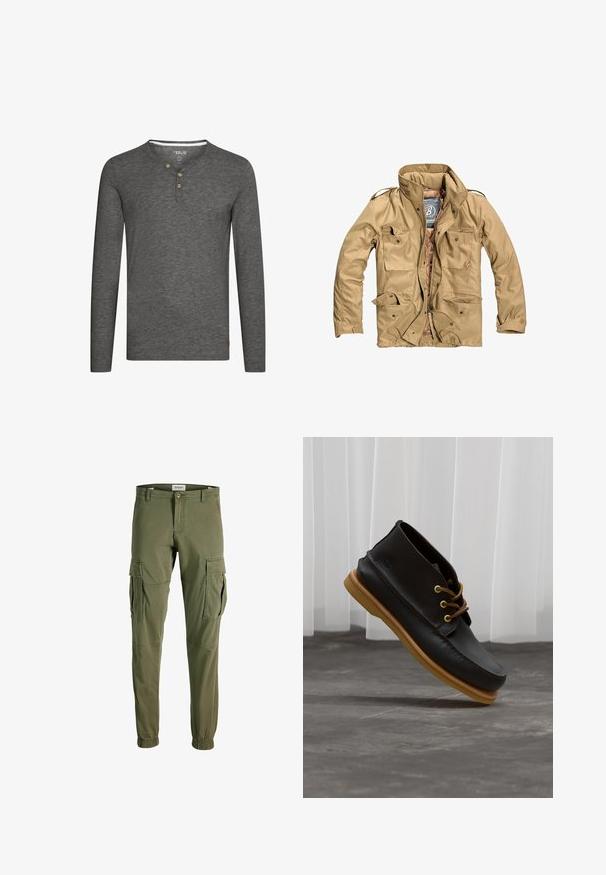 Chaqueta exterior color marrón claro con un alto cuello, múltiples bolsillos frontales y un cierre con cremallera. La tela parece duradera con una textura suave.; Camisa de manga larga gris con un escote tipo henley, tres botones de madera y una pequeña etiqueta con el logo en la parte inferior izquierda. Tejido suave y texturizado.; Pantalones cargo de color verde oliva, confeccionados en tejido suave, con bolsillos laterales, puños elásticos en los tobillos y un diseño ajustado clásico.; Zapatos de cuero negro con un acabado suave, punta redonda, cordones marrones y suelas de goma marrón claro. Logo embossado en el costado.