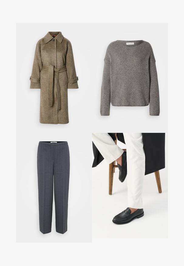 Oliven grøn uldfrakke med krave, bælte i taljen og sidelommer. Har knaplukninger ved ærmerne og lige snit.; Grå strikket sweater med løs pasform, bred halsudskæring og lange ærmer. Stoffet virker blødt og har en tekstur, der antyder varme.; Mørkegrå skræddersyede bukser med striber, lige ben og høj talje, præsenteret mod en ensfarvet lys baggrund.; Person iført sorte læder loafers og hvide bukser, siddende på en træskammel mod en hvid baggrund.
