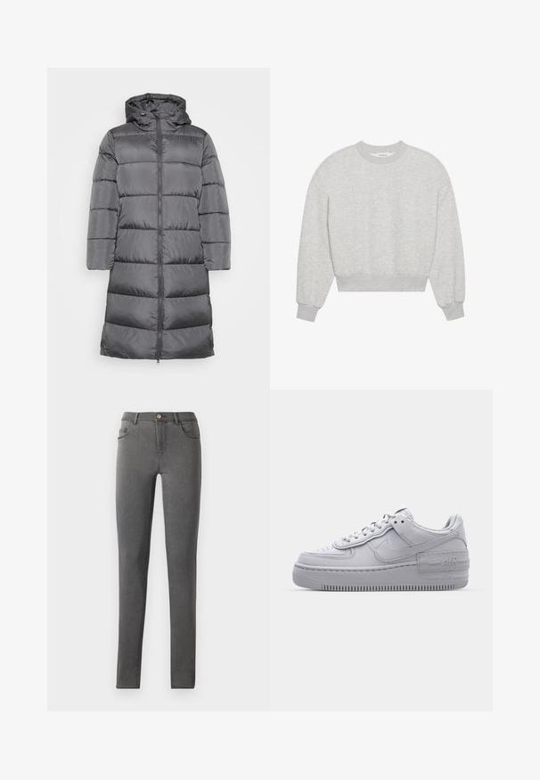 Manteau en duvet gris avec capuche, doté d'une fermeture éclair à l'avant, de manches longues et de sections matelassées pour l'isolation. Texture lisse et brillante.; Sweatshirt gris court, col rond, épaules tombantes, manches longues avec poignets côtelés, fabriqué en tissu doux en mélange de coton, texture minimaliste.; Jean skinny en denim gris avec une coupe ajustée, style cinq poches et une fermeture à bouton métallique unique au niveau de la taille.; Basket en cuir lisse gris Nike Air Force 1 avec un bout perforé, une semelle épaisse et un détail 'AIR' en relief sur le talon.